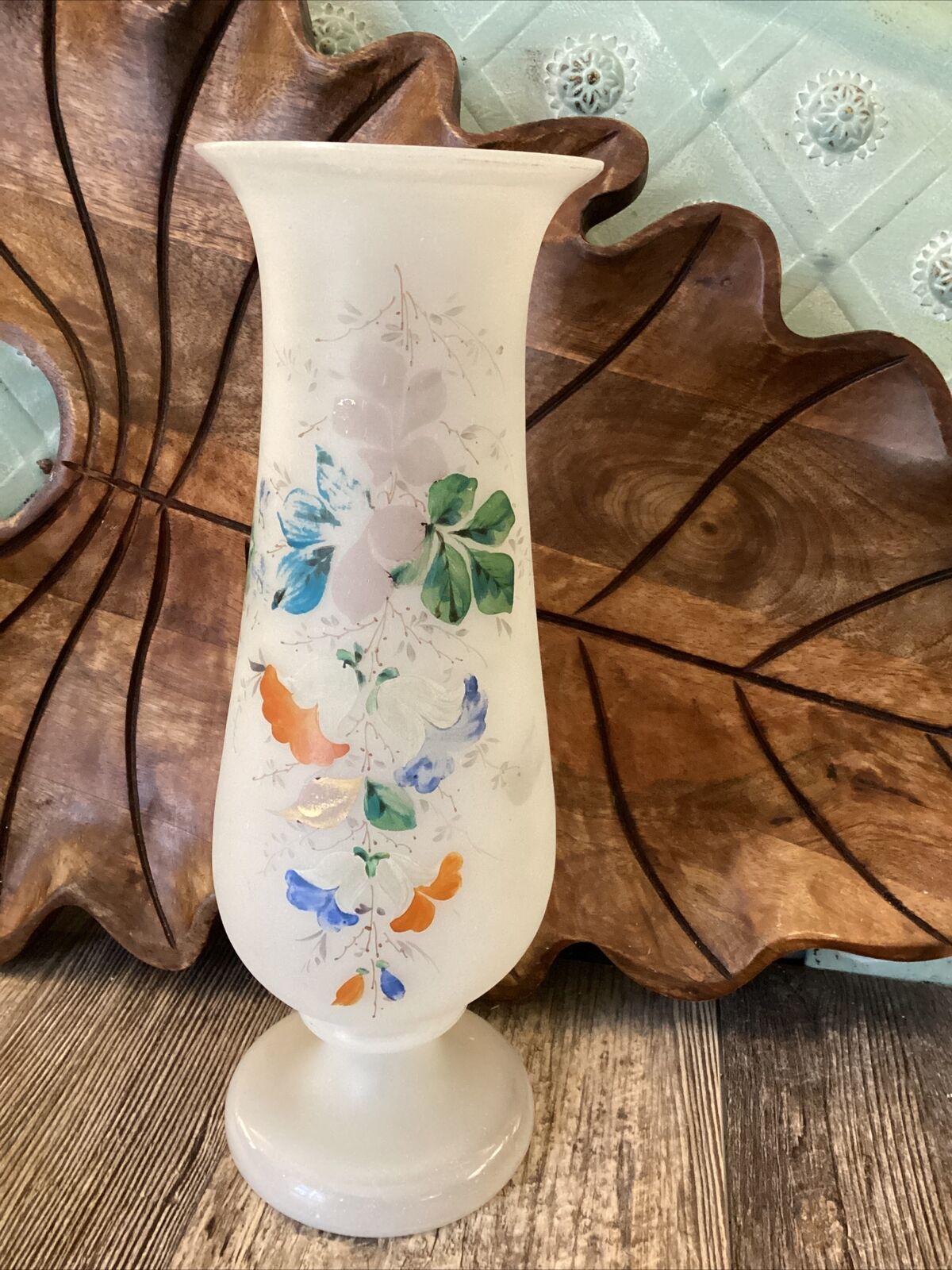 Vintage Victorian Bristol White Opaline Blown Glass Vase Hand Painted Floral 10”