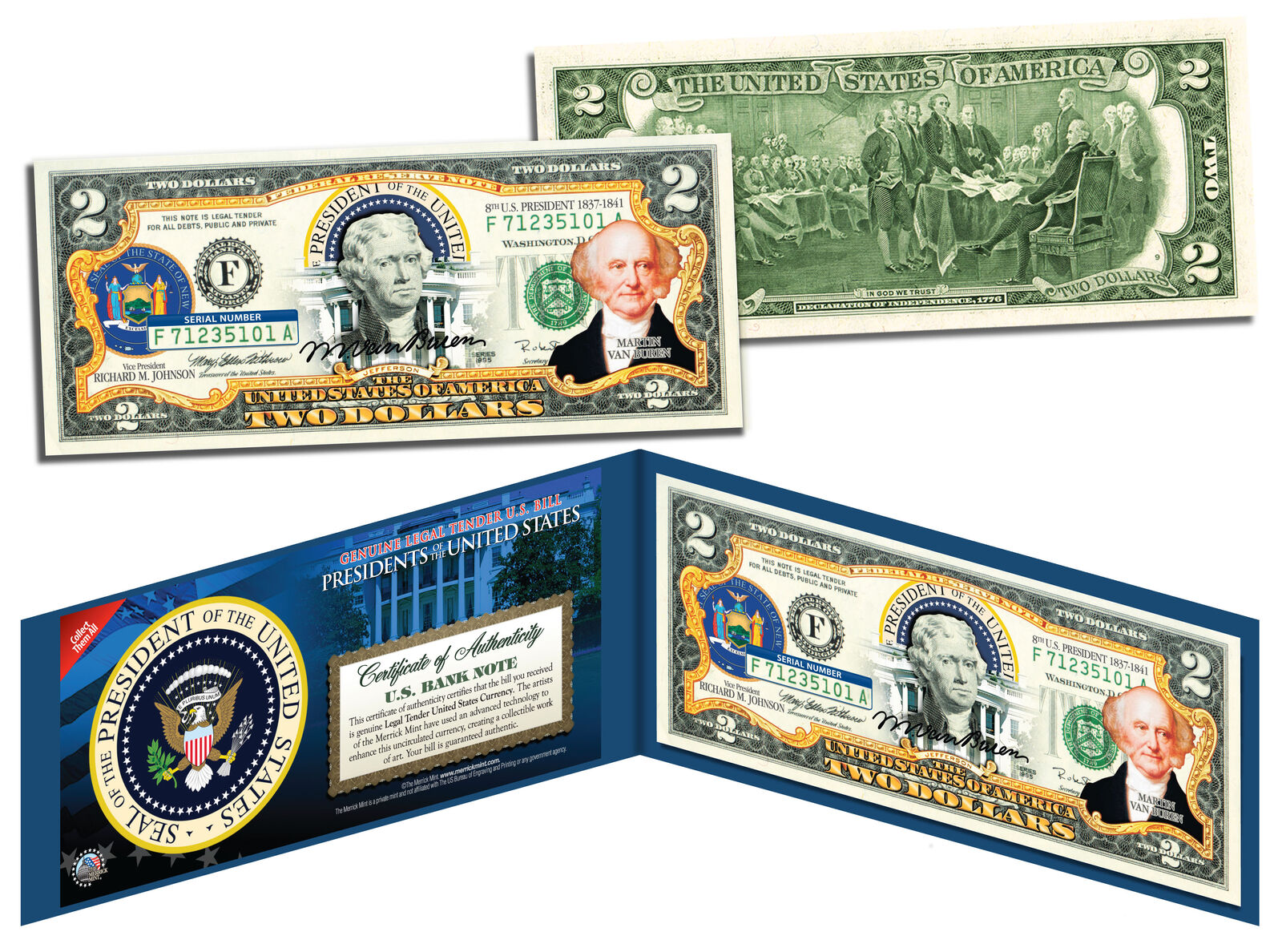 MARTIN VAN BUREN * 8th U.S. President * Colorized $2 Bill Genuine Legal Tender