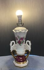 VINTAGE 1940'S CHINA LAMP WORRAL MARK RUBY RED ROSES SWAN HANDLES GOLD ACCENTS picture