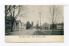 West Newbury MA postcard, Post Office Square, dirt road, store, trolley track picture