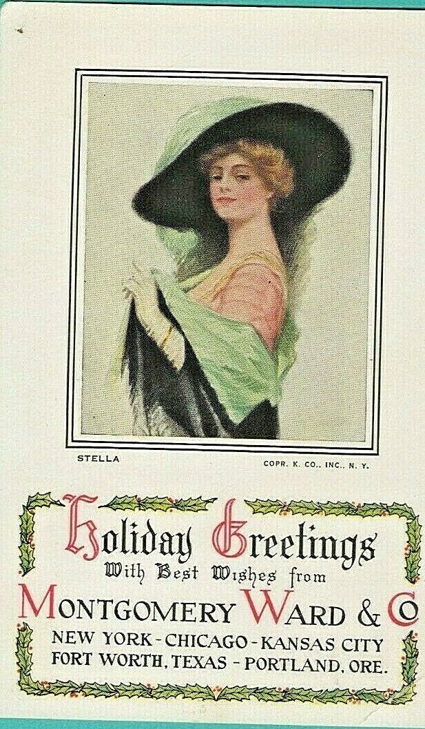 Montgomery Ward & Co Trade Card Vintage Holiday Greetings Stella Lady Big Hat 