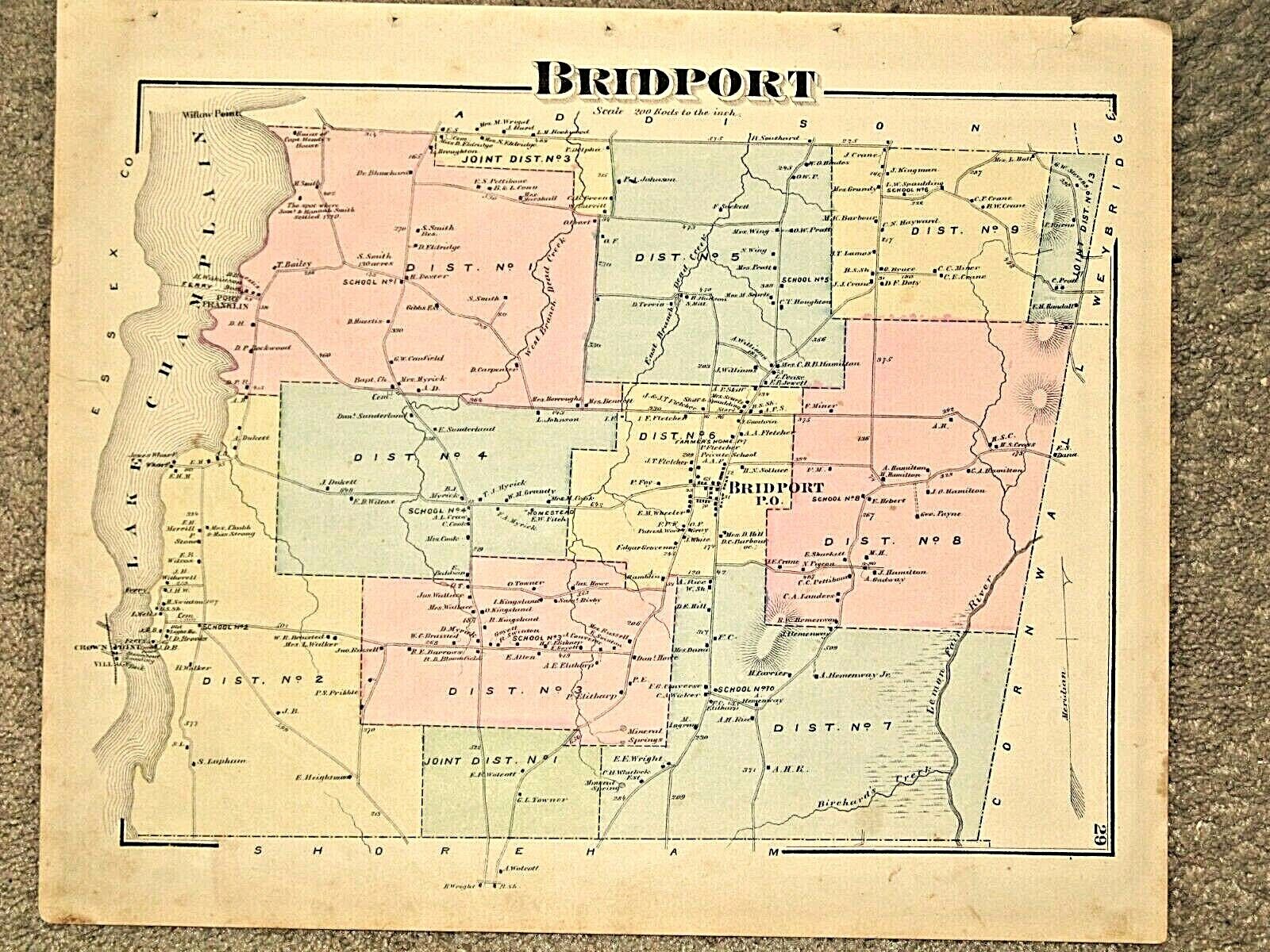 BRIDPORT, VT., VINTAGE HAND COLORED 1871 MAP.  NOT A REPRINT