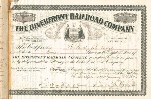 Thomas A. Scott autographed Riverfront Railroad Stock - Autographed Stocks & Bon