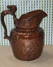 Beautiful Rockingham Brown-Glazed Pitcher - Race Scene with Horse Head Handle picture