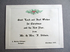 Vintage CHRISTMAS Card 1932 Stitson SANDGATE Kent Gordon Cottages HOLLY picture