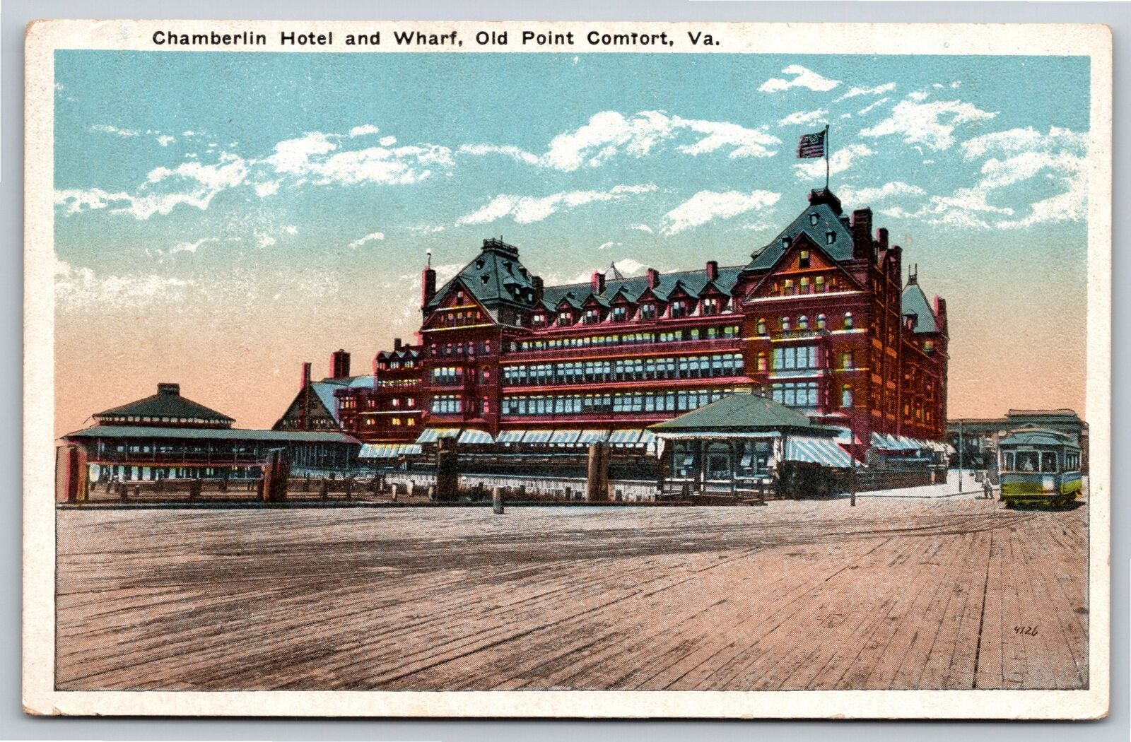 Old Point Comfort Virginia~Waterfront Chamberlin Hotel & Wharf~1920s Postcard