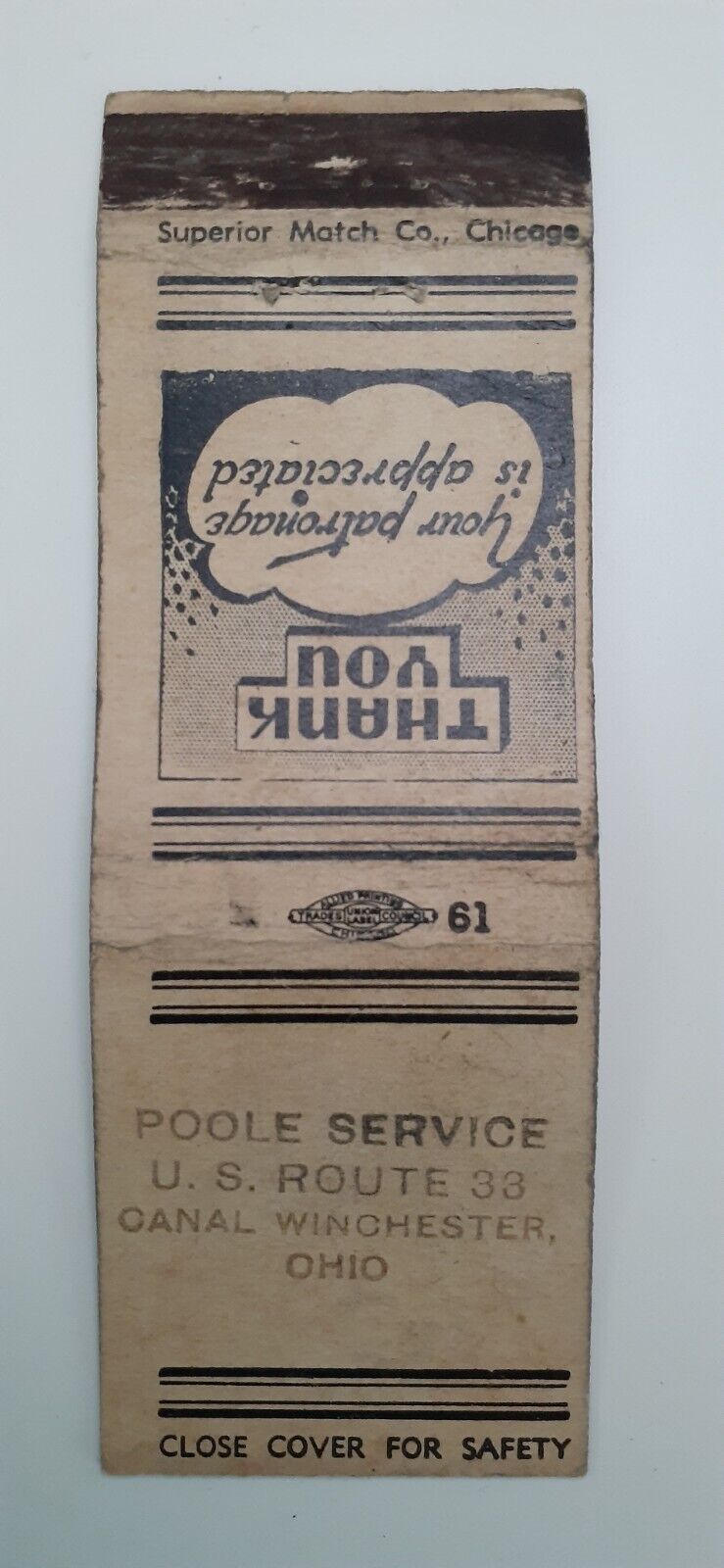 Matchbook Cover NJ Newark - Poole Service US Route 33 Canal Winchester OH