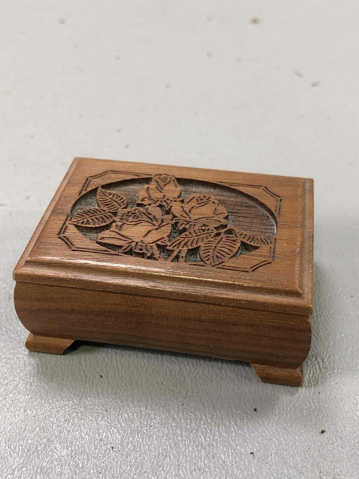 Tiny Carved Wood Trinket Table w/Music Box