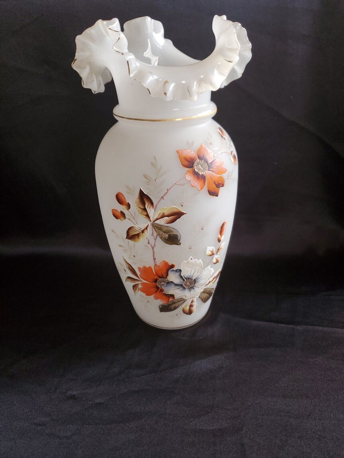 Bristol Vase Antique Victorian   White Glass Hand Blown Tall Floral Ruffeled Top