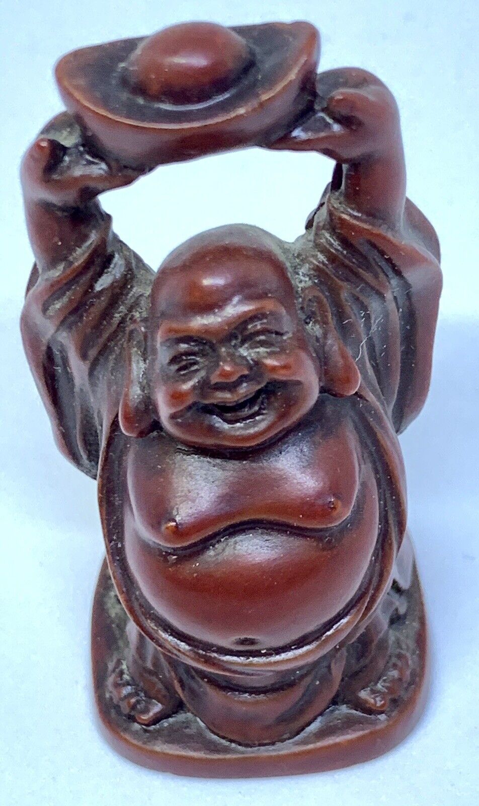 Red Resin Happy Laughing Buddha Holding Ingot Above Head