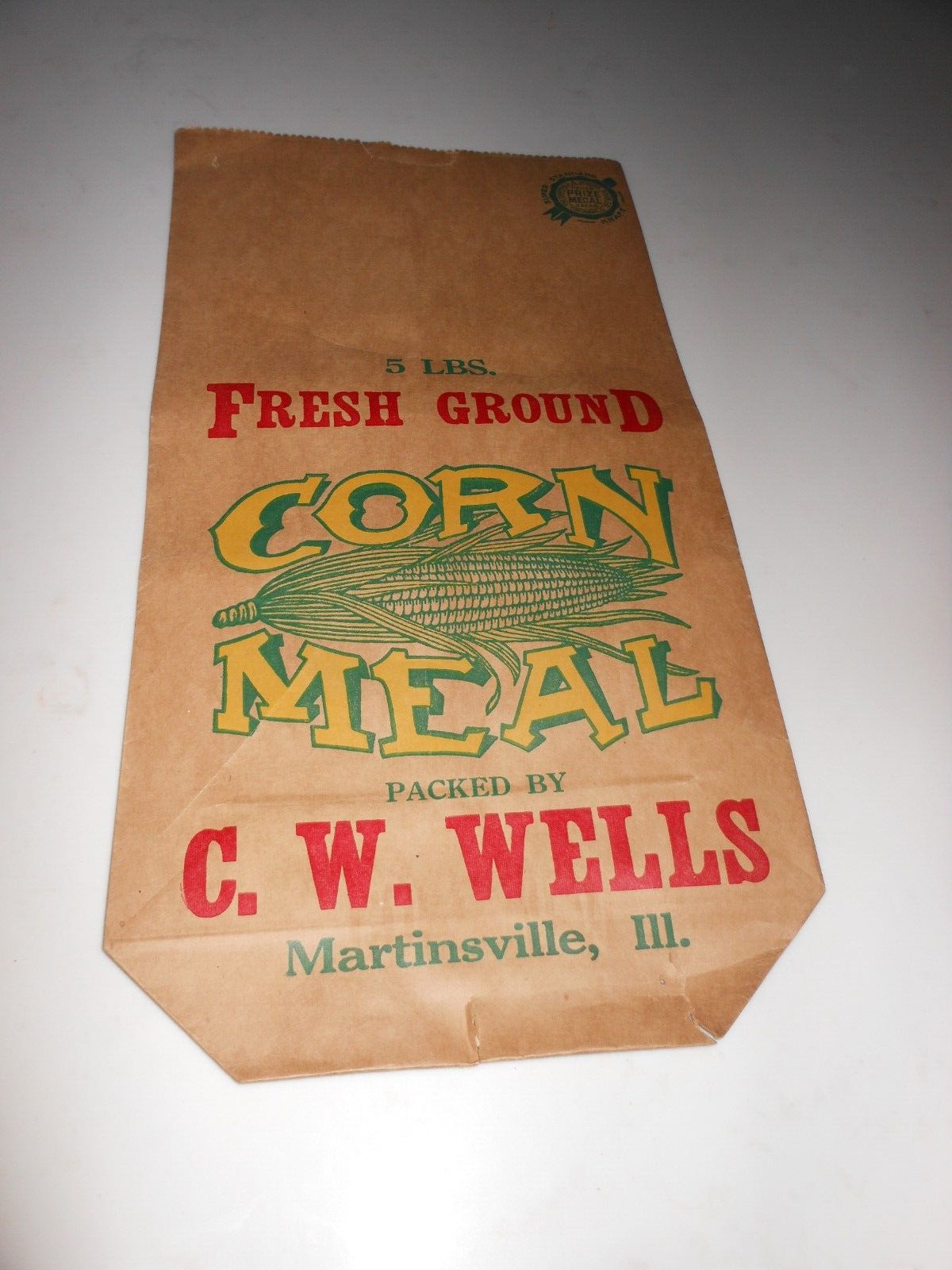 Vtg Fresh Ground CORN Meal 5 lb Paper Bag, C W Wells, Martinsville, ILL