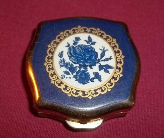 Vintage Stratton Gold Tone Pill Box Blue Enamel Rose Floral Flowers