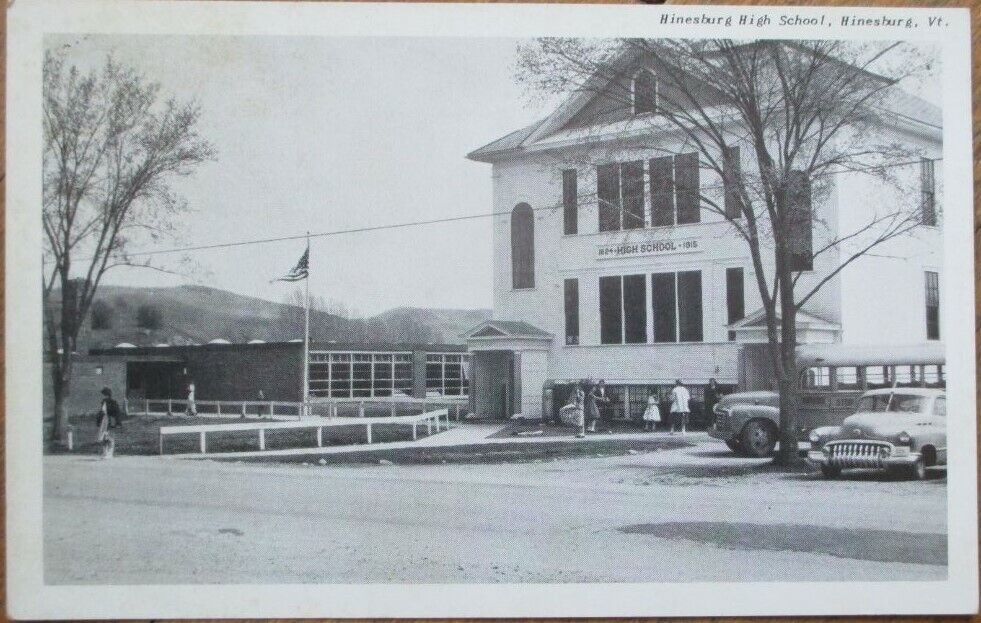 Hinesburg, VT 1940s Postcard: High School Building, Bus/Car - Vermont