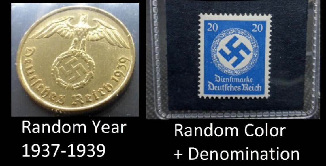 Nazi 5 Reichspfennig Coin and Swastika Stamp Set Third Reich WW2 Germany Lot
