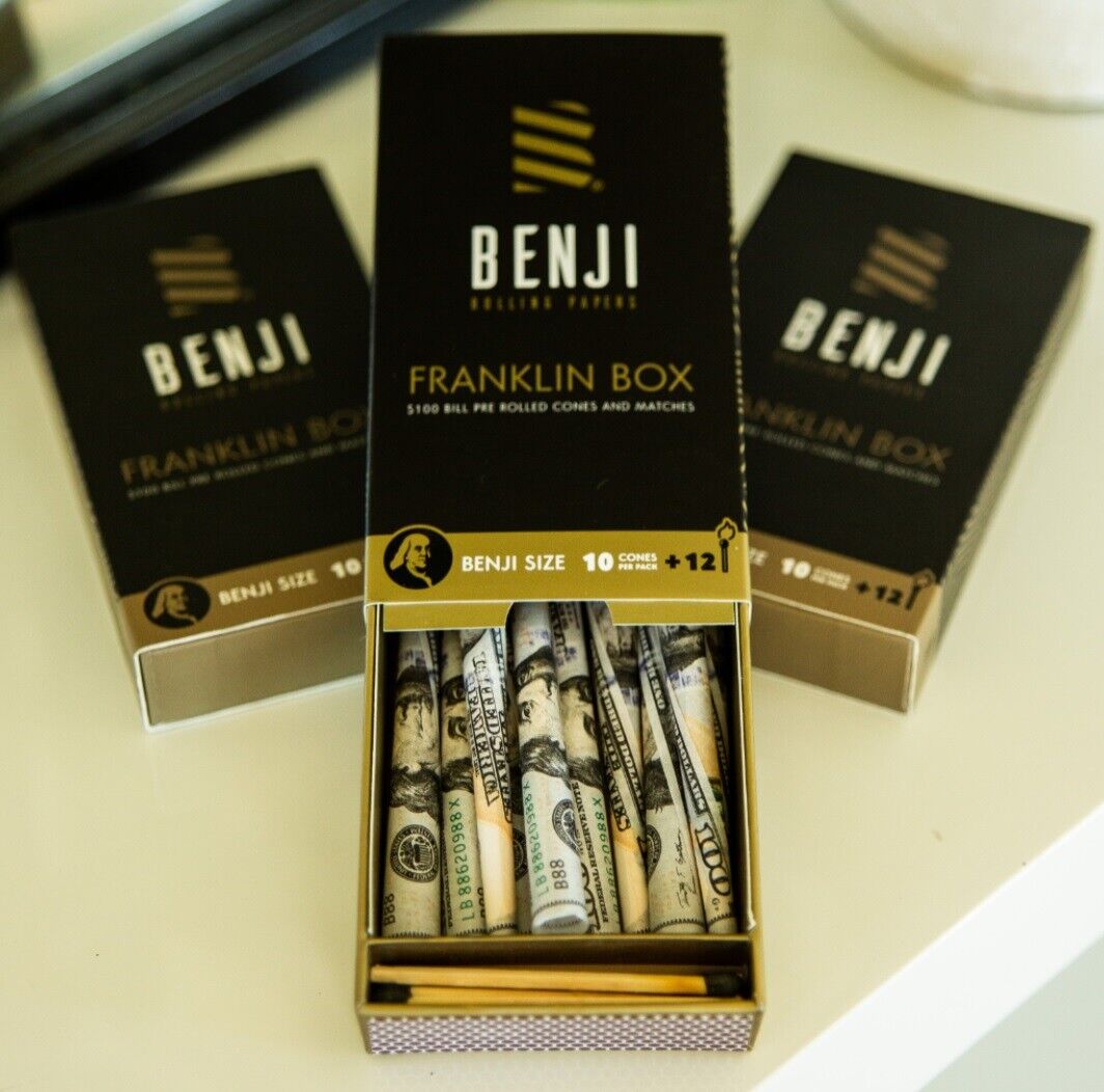 NEW BENJI $100 BILL PRE ROLLED HEMP PAPER CONES - 'FRANKLIN' Box of 10 w/ TIPS