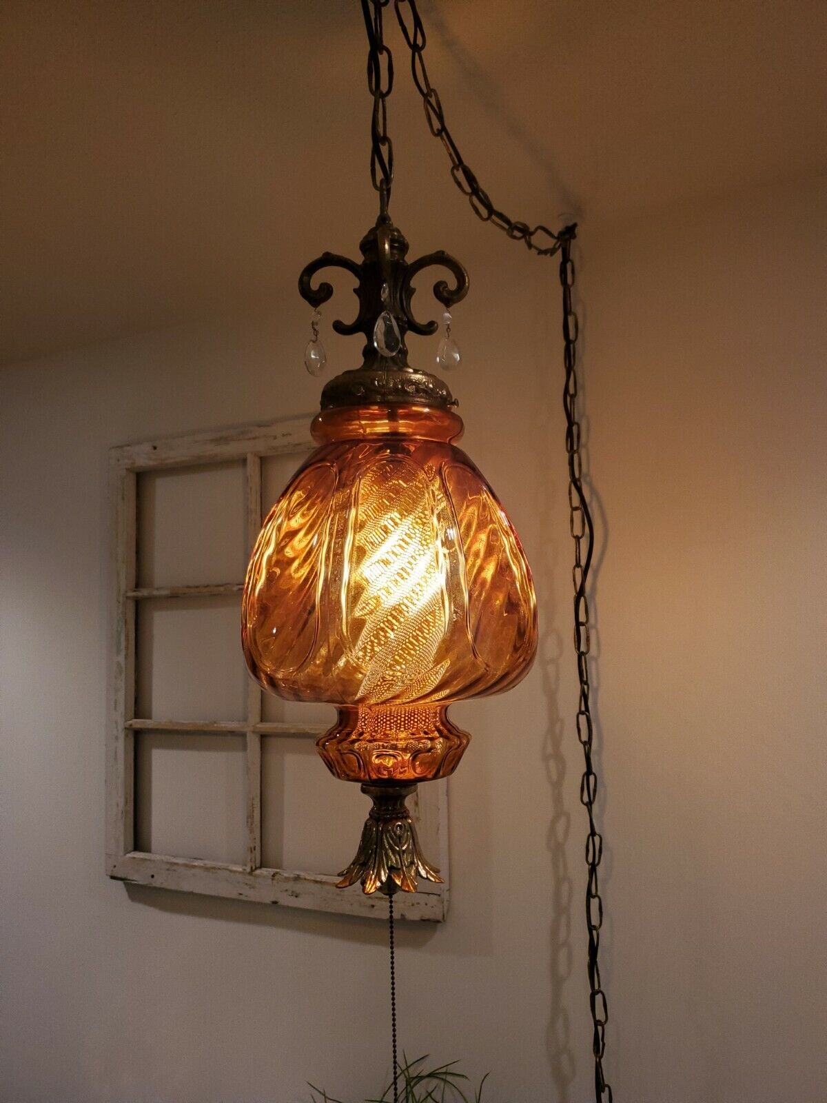 Large Mushroom Amber Glass Globe Swag Hanging Crystals Light Mid Century Lamp 