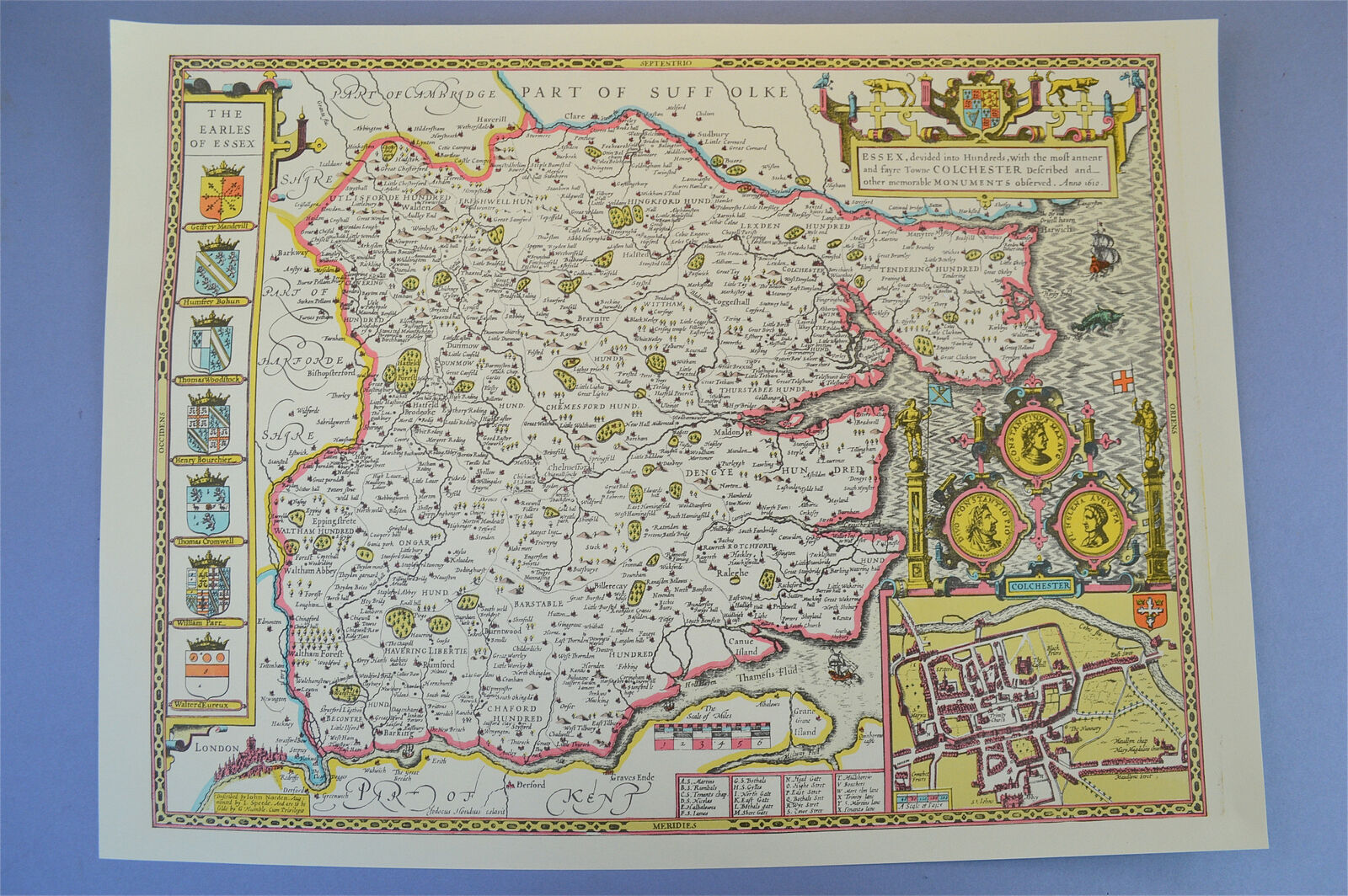 Vintage decorative sheet map of Essex John Speede 1610 Colchester town plan