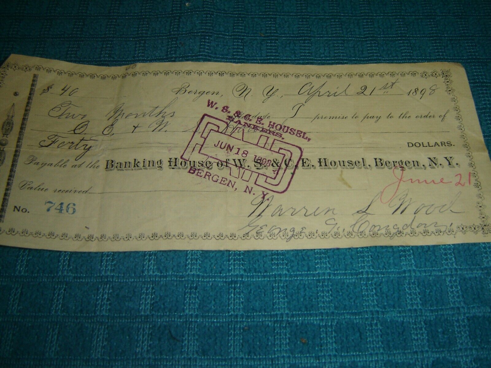 1898 Cancelled check on W.S. & C. R. Housel, Bankers, Bergen, NY