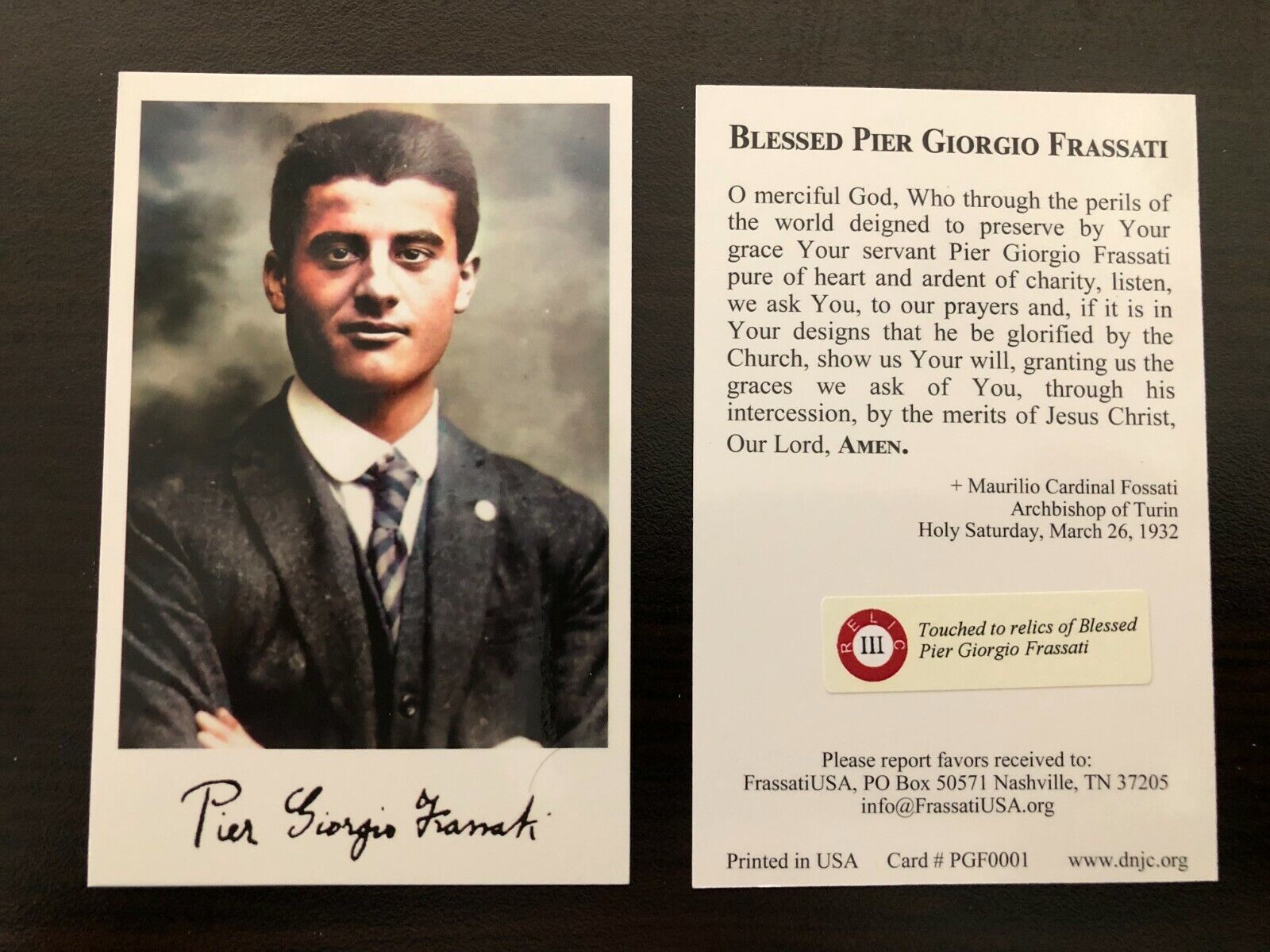 Holy Card Relic of Blessed Pier Giorgio Frassati - Third Class Relic