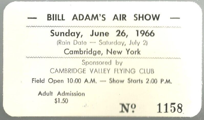 Cambridge NY 1966 Ticket Bill Adam\'s Air Show Flying Club airplane
