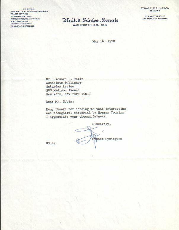 Stuart Symington Autographed Letter 1970 Missouri Politician / Businessman D.88