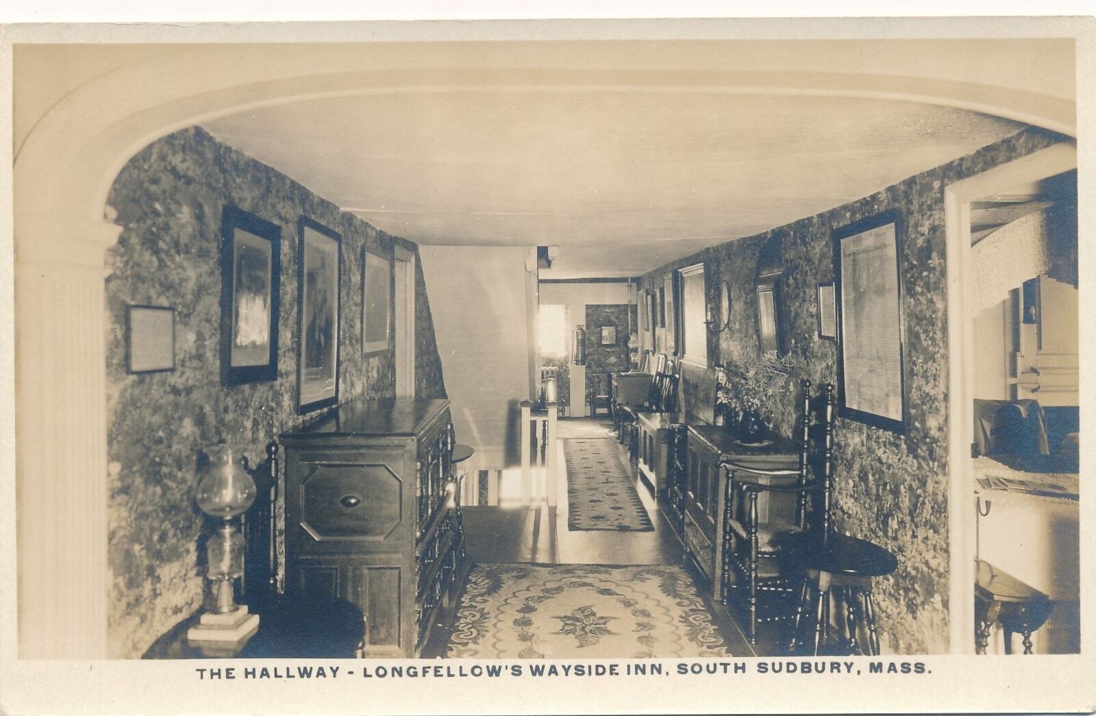 SOUTH SUDBURY MA – Longfellow's Wayside Inn The Hallway Real Photo Postcard rppc
