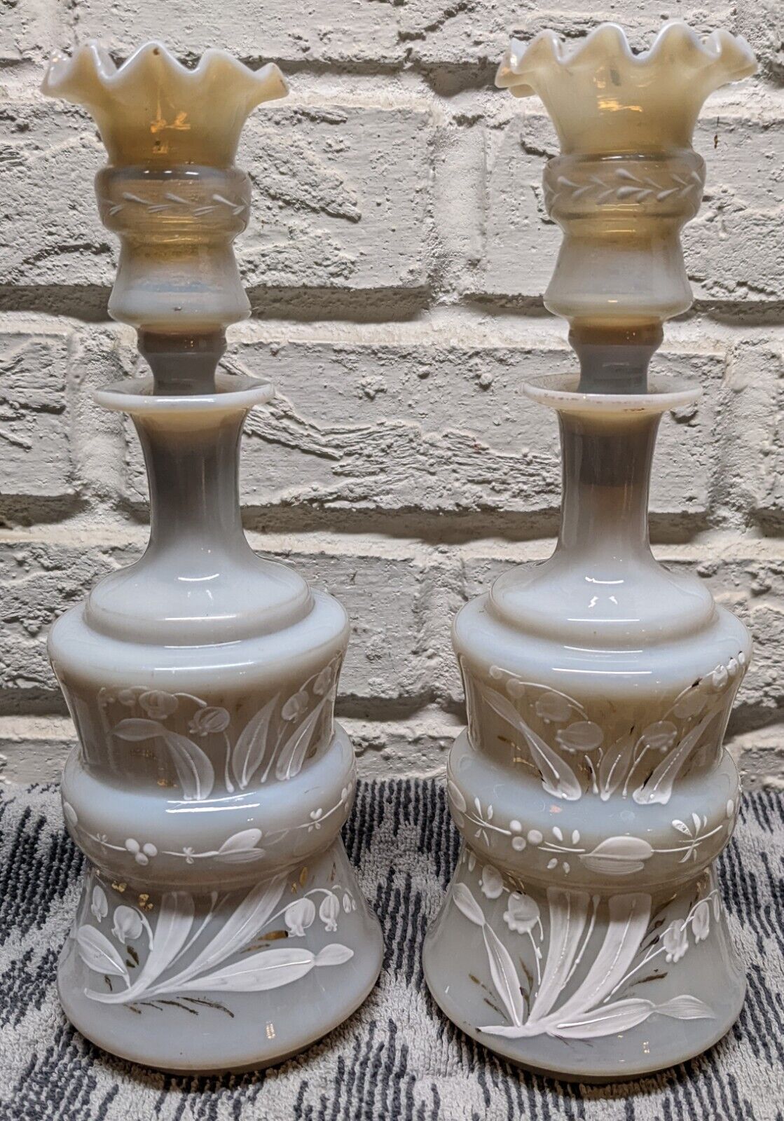 Pair of 2 Bristol Perfume Bottles / Vases Hand Painted White Flowers Floral 9.5\