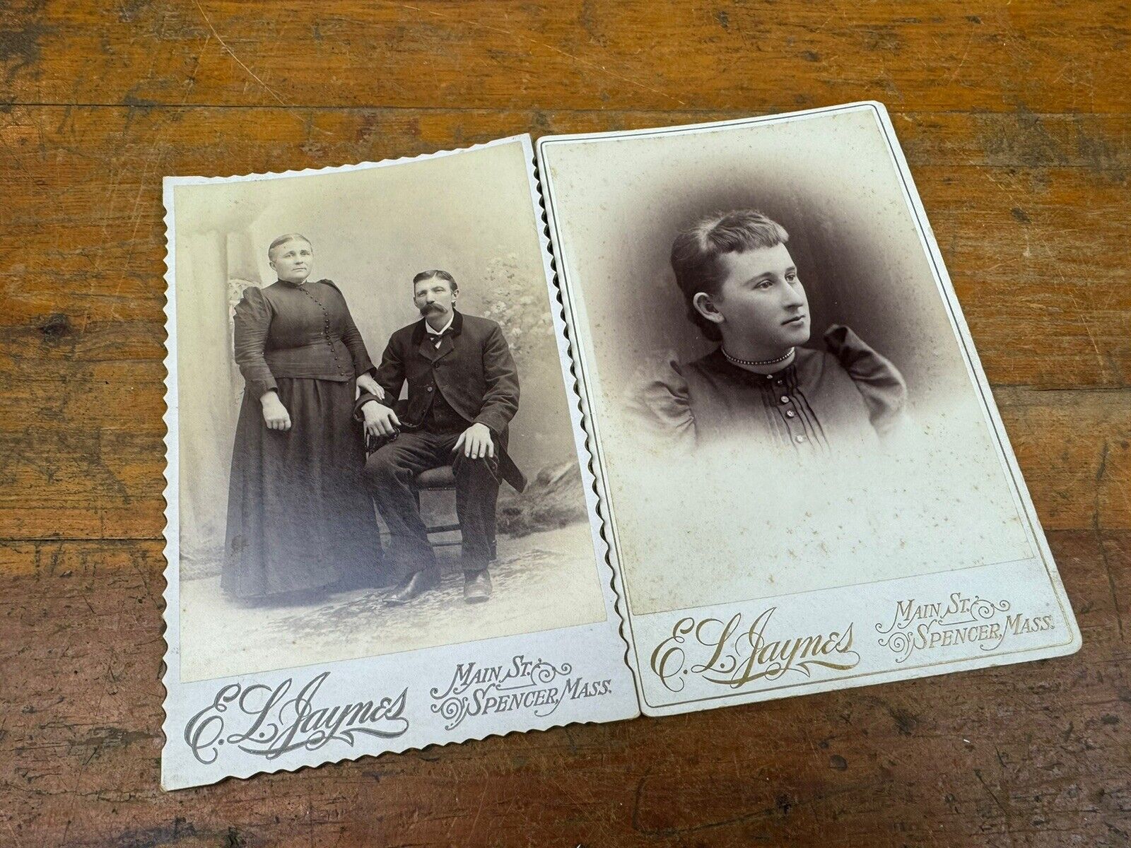 2 C.1890 Cabinet Cards ~ E.L. Jaynes Photographer, CRAYON ARTIST - Spencer, MASS