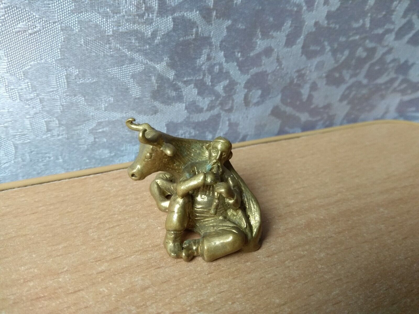 Original Bronze Figurine small bull and Cossack Statue Sculpture Brass Miniature