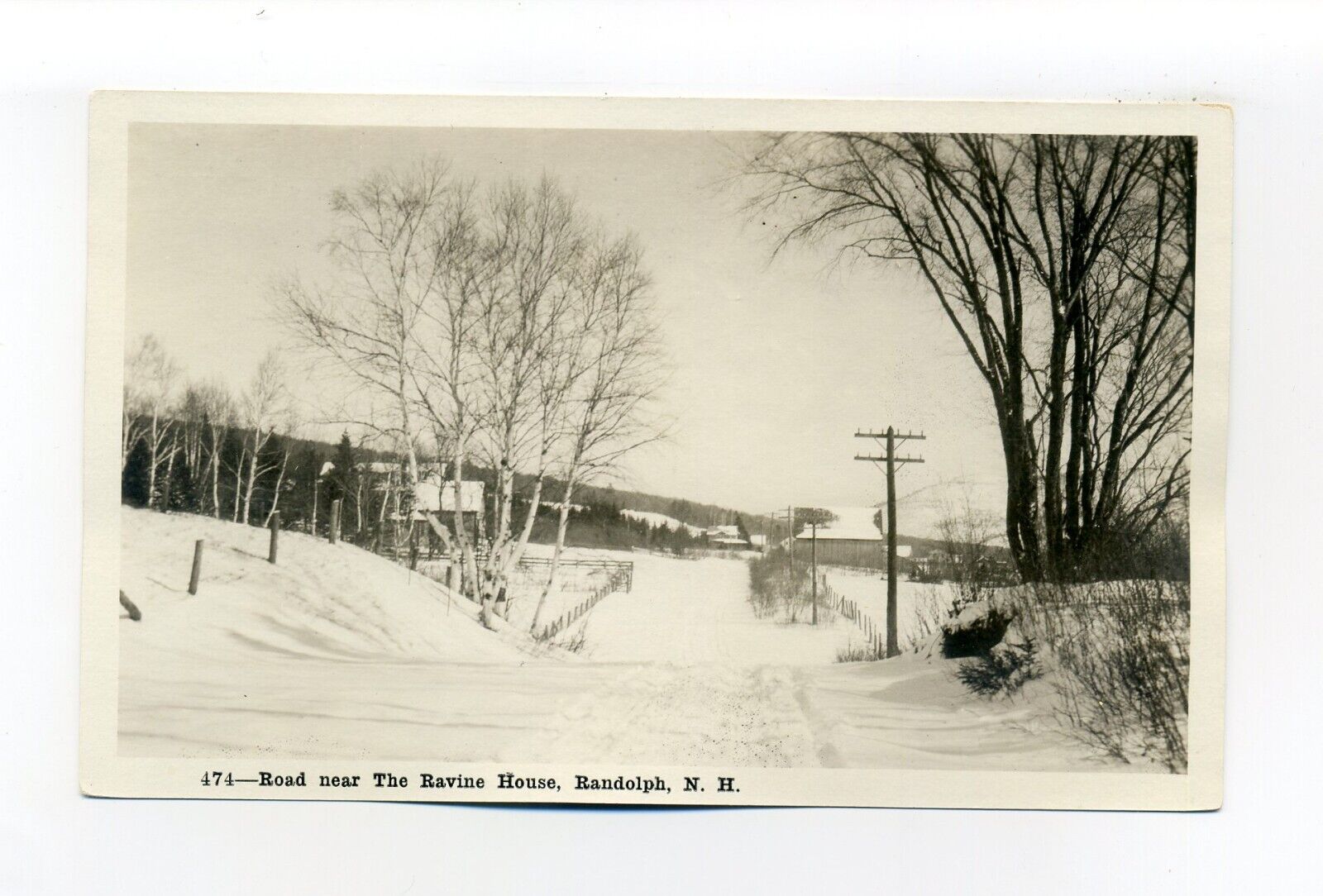 Randolph NH RPPC photo postcard snow covered road nr Ravine House, Shorey Studio