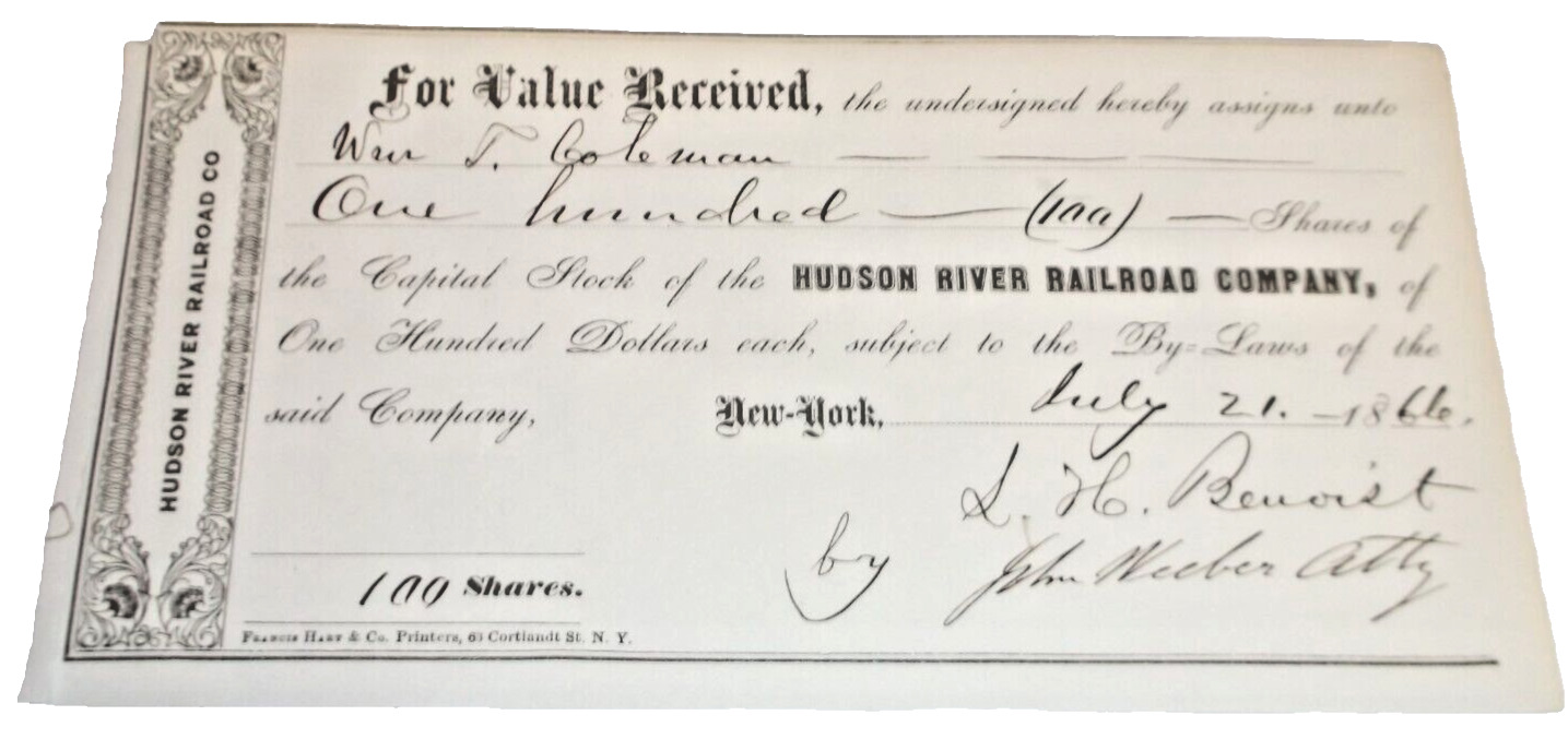 JULY 1866 HUDSON RIVER RAILROAD CAPITAL STOCK TRANSFER FORM