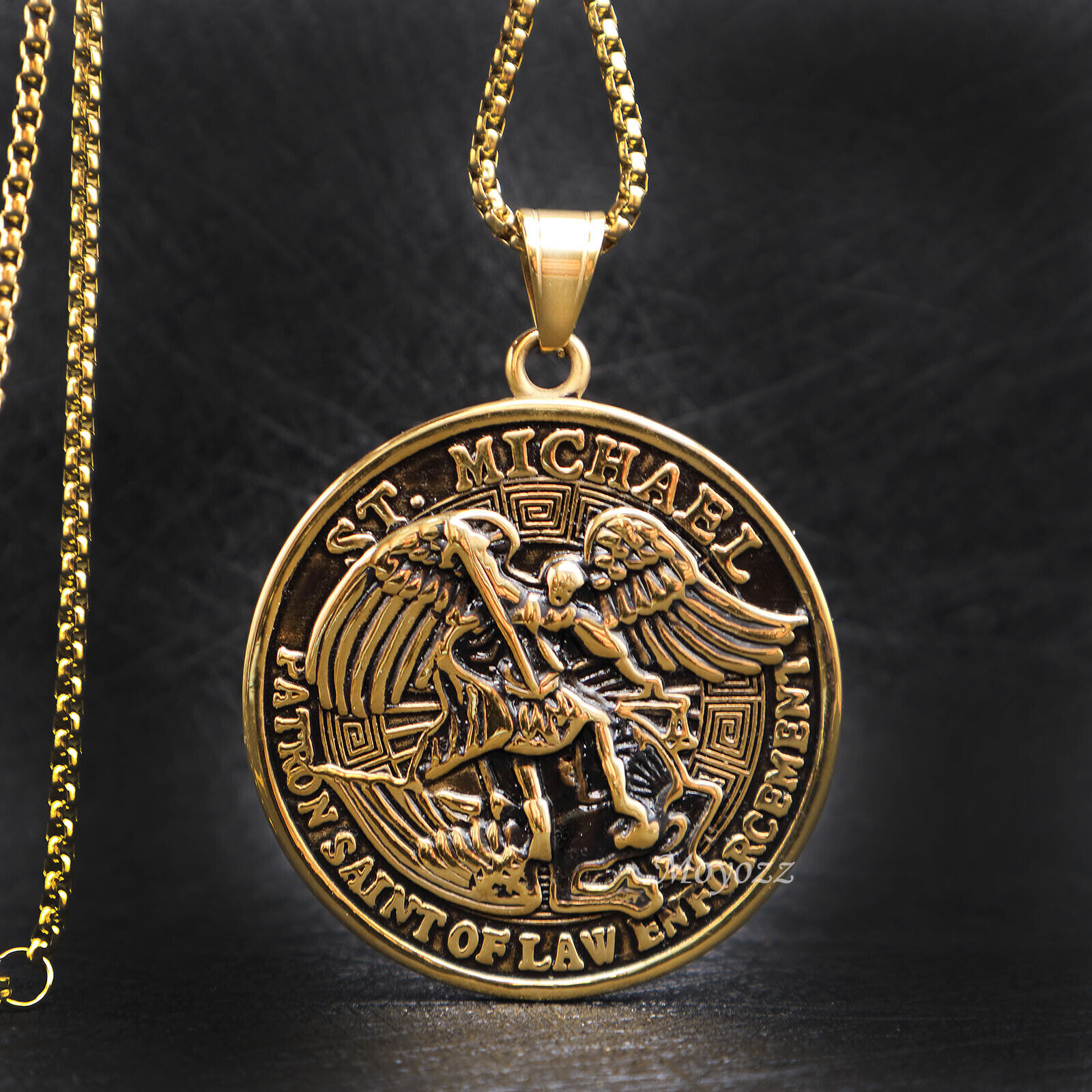 St Saint Michael Archangel Gold Angel Medal Pendant Necklace Stainless Steel