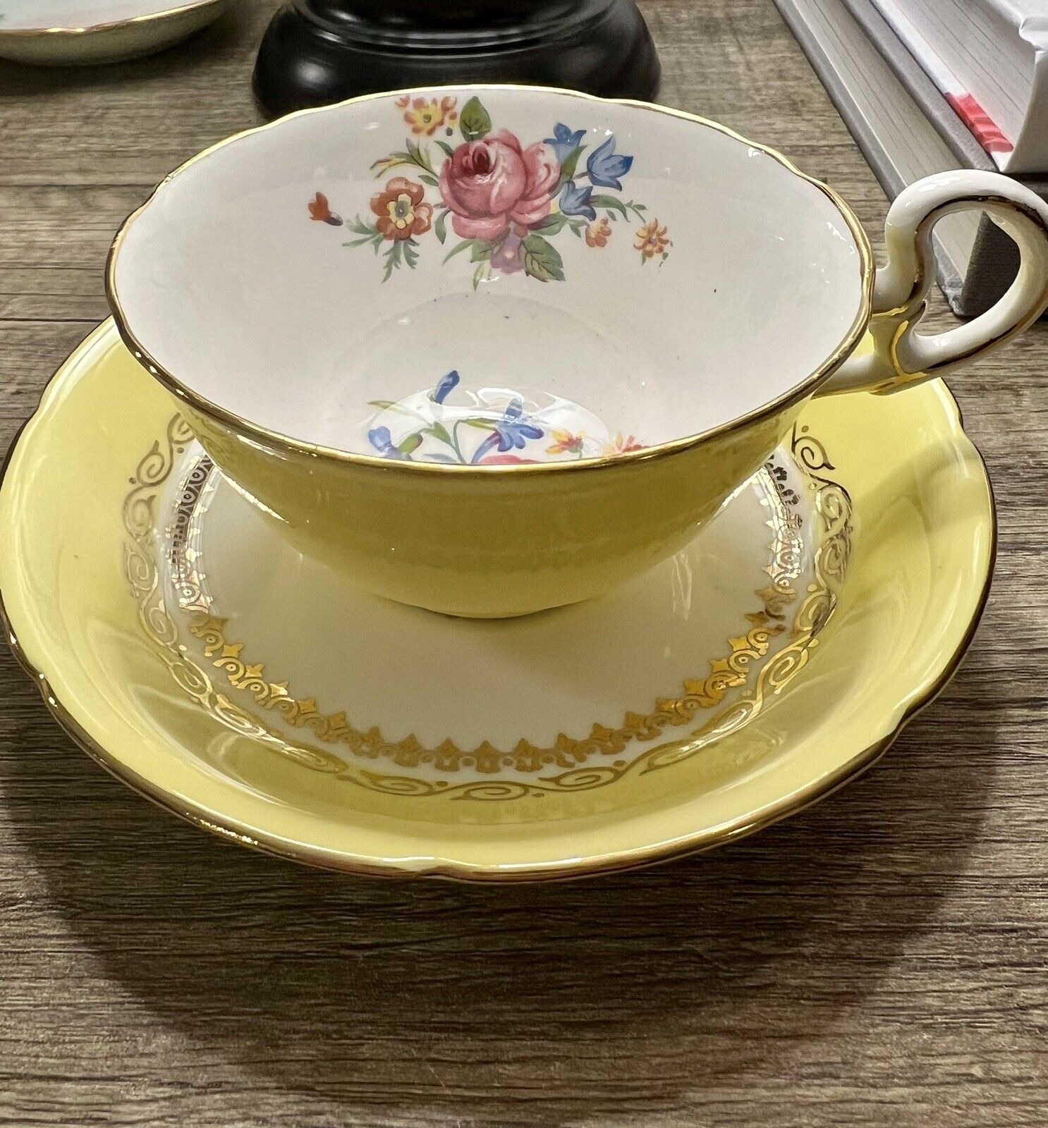 Vintage Royal Grafton tea cup and saucer bone china yellow with pink flower Rare