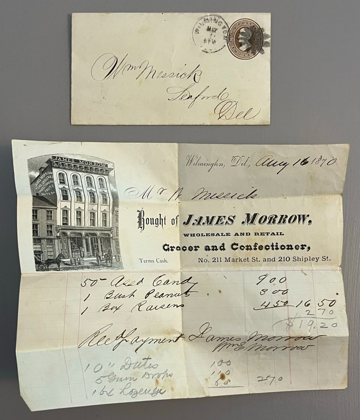 Wilmington Delaware Billhead James Morrow Confectioner to Seaford Messick 1870