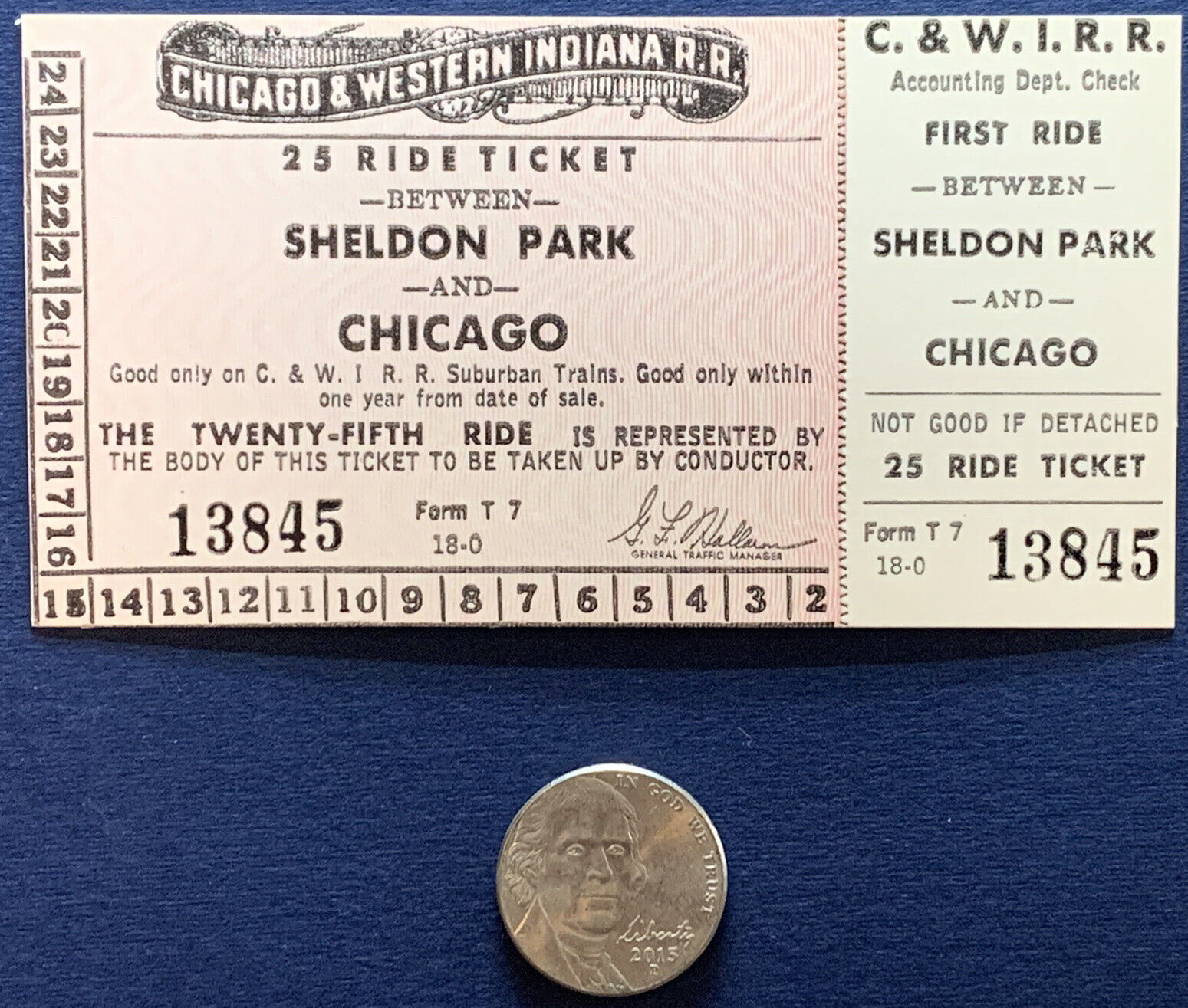 SHELDON PARK AND CHICAGO 25 RIDE TICKET CHICAGO AND WESTERN INDIANA RR #13845