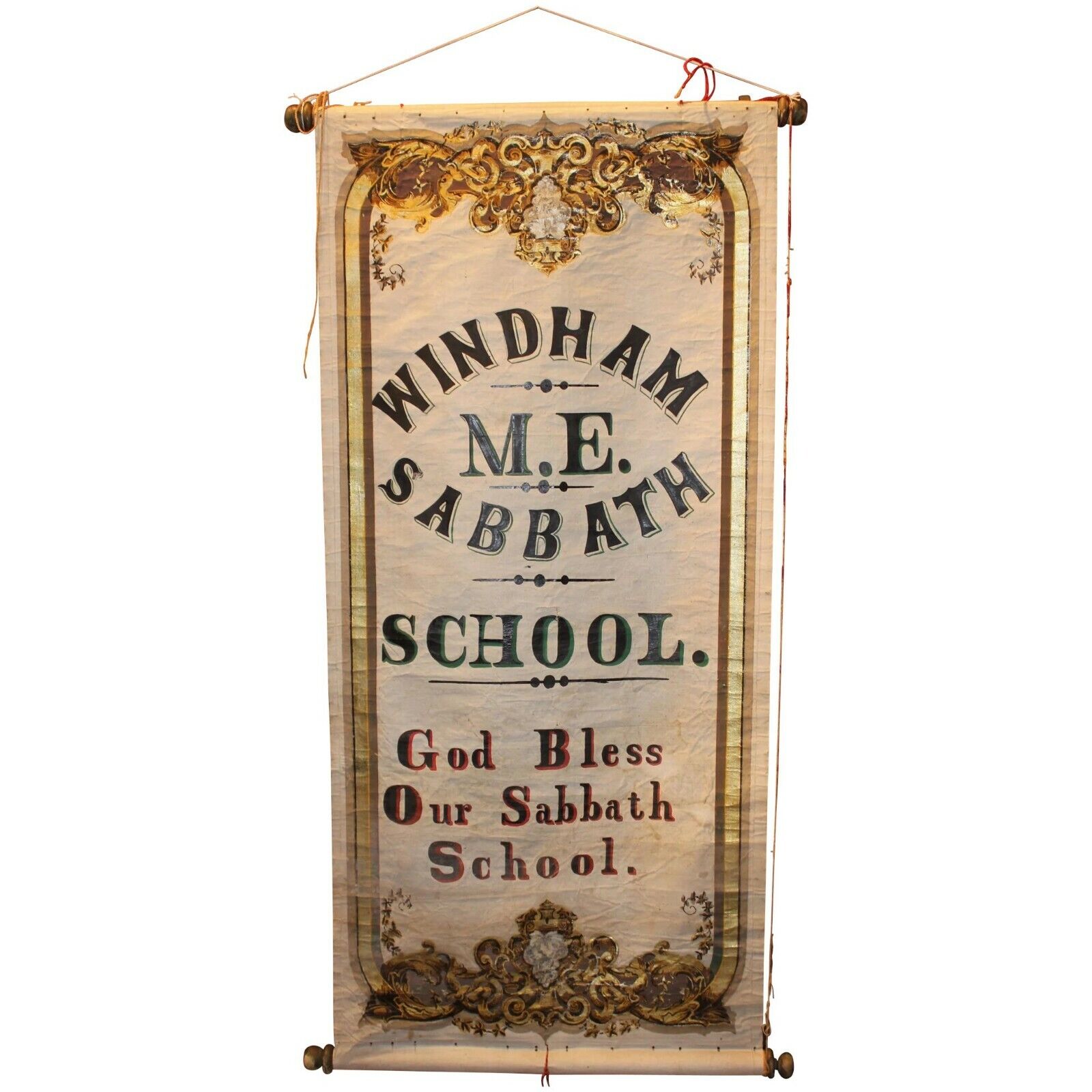 19th c Hand Painted Sabbath School Advertising Scroll Sign Windham Maine
