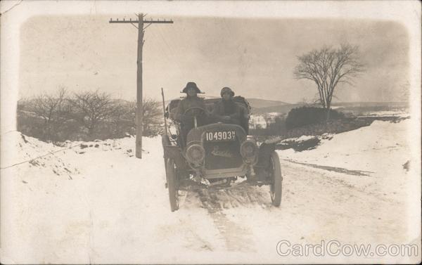 Cars RPPC New York Old Car on Snow Filled Road Berkshire Automobile Postcard