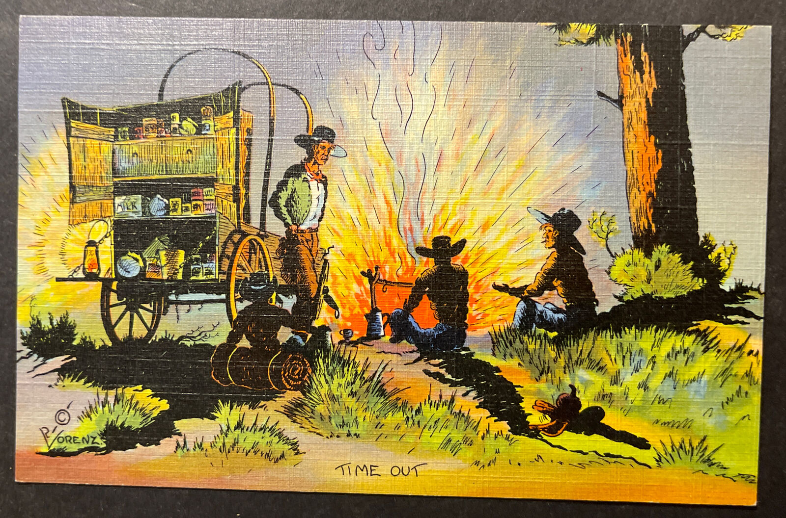 Time Out Chuck Wagon Campfire Nighttime Cowboys linen postcard Sanborn Souvenir