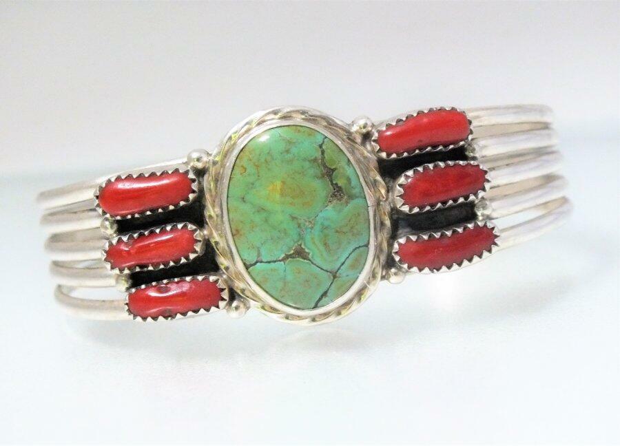 NAVAJO SIGNED R.P. TURQUOISE & RED CORAL CLUSTER STERLING SILVER CUFF BRACELET