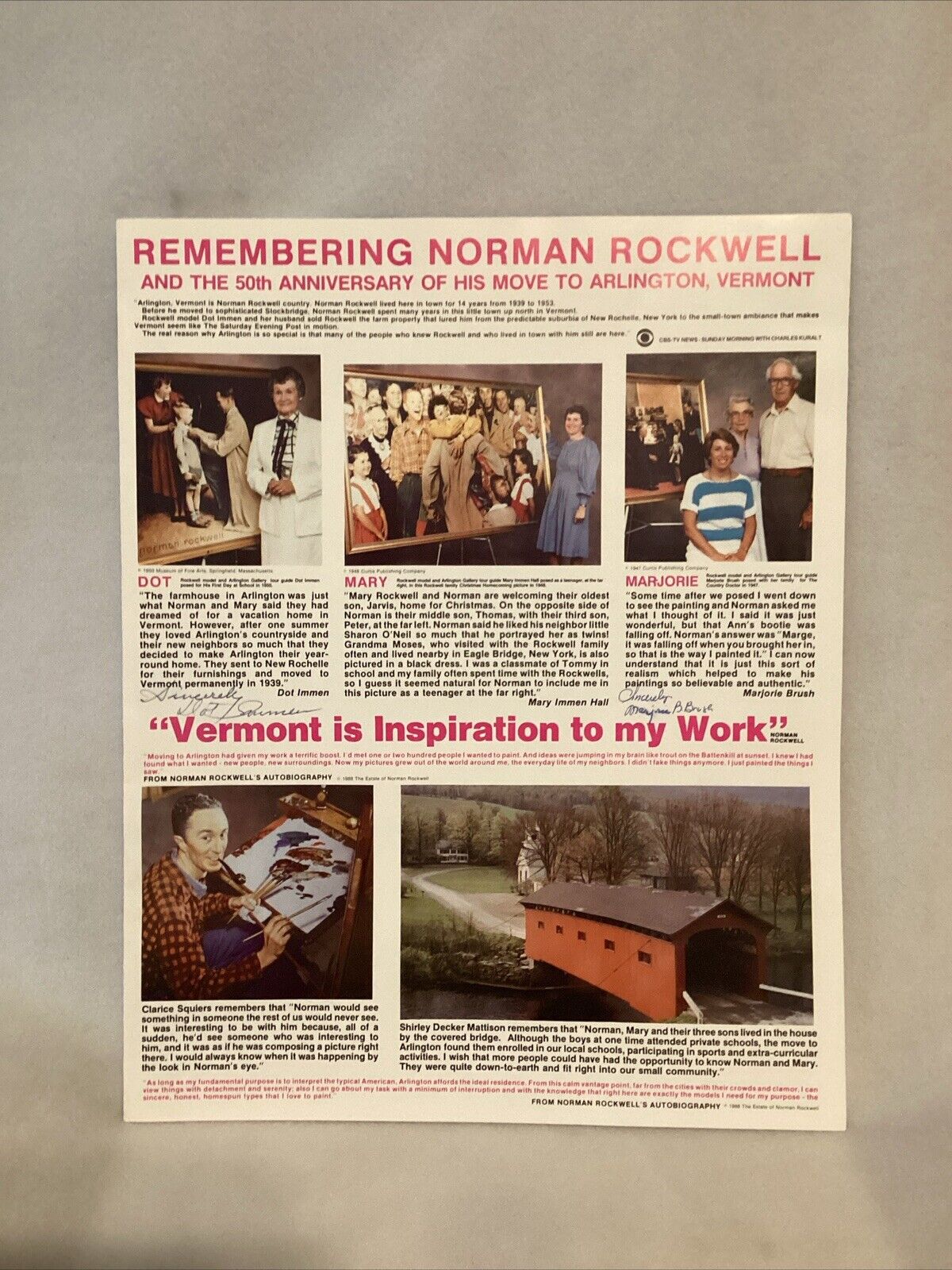 1989 Arlington Gallery Norman Rockwell Exhibition 12x15” Program W/ 2 Model Sig.