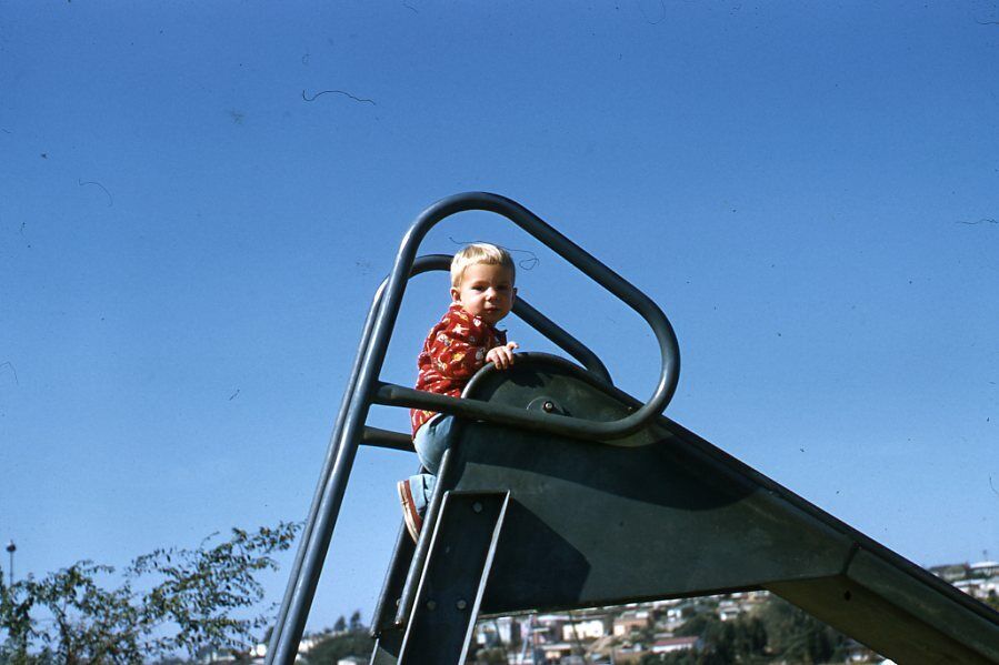 Kodak Slide 1950s Red Border Kodachrome Young Boy on Top of Slide