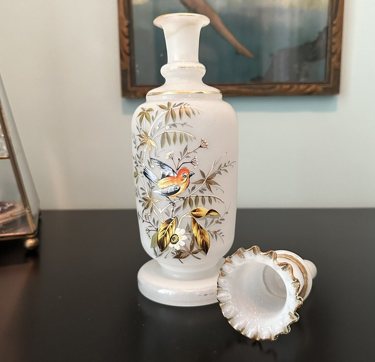 Bristol Glass Vanity Bottle Decanter Hand-painted Bird & Flowers ATQ Victorian