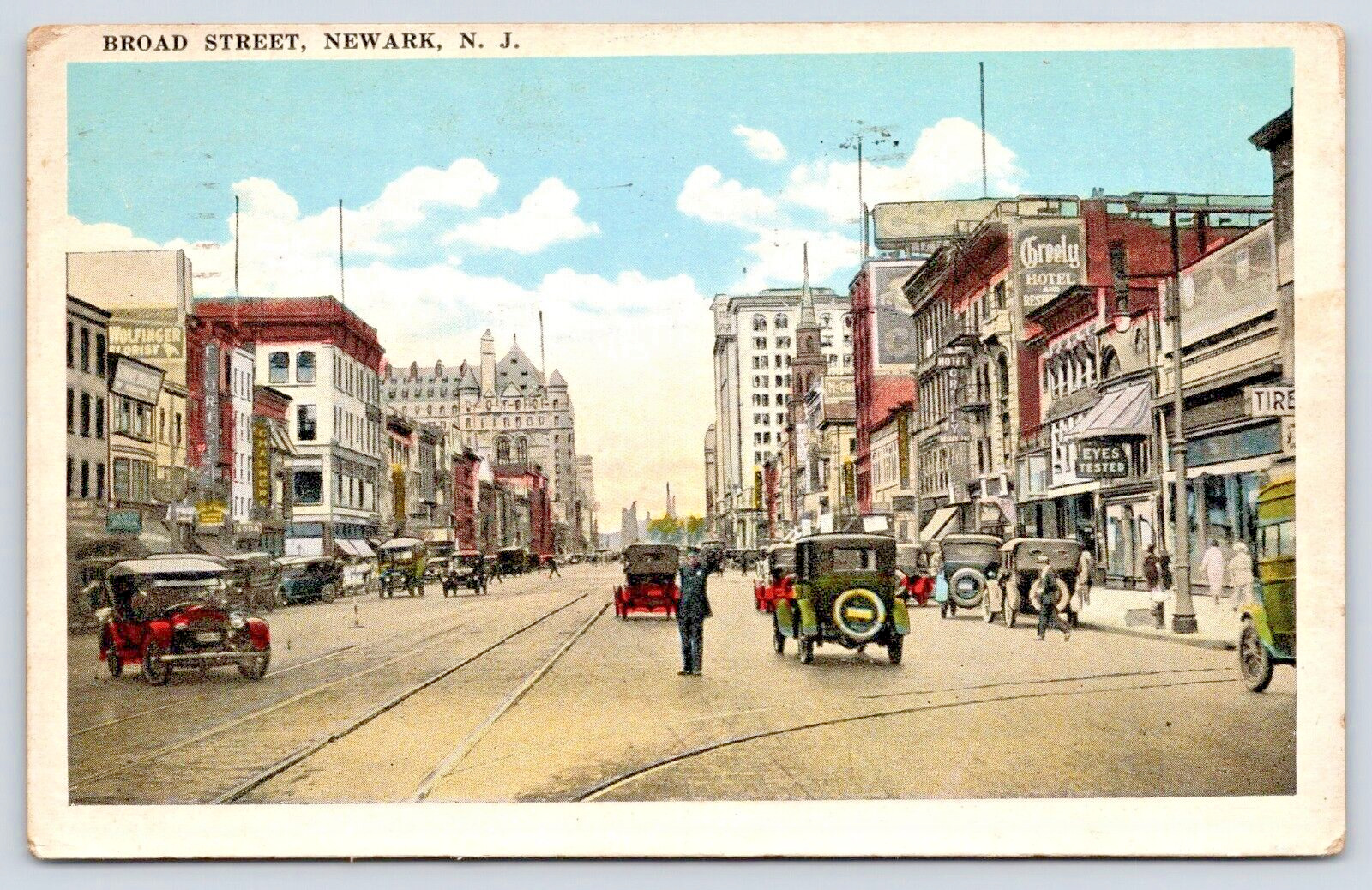Postcard 1922 Broad Street Newark N.J. Hotel Florist Eye Testing Traffic Cop A6