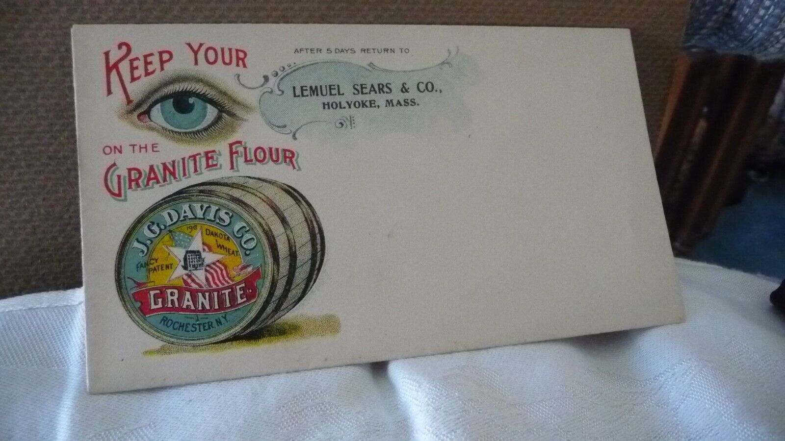 #11/6 vtg MAILING Envelope Lemuel Sears Co. Holyoke Mass J G Davis Flour Co.