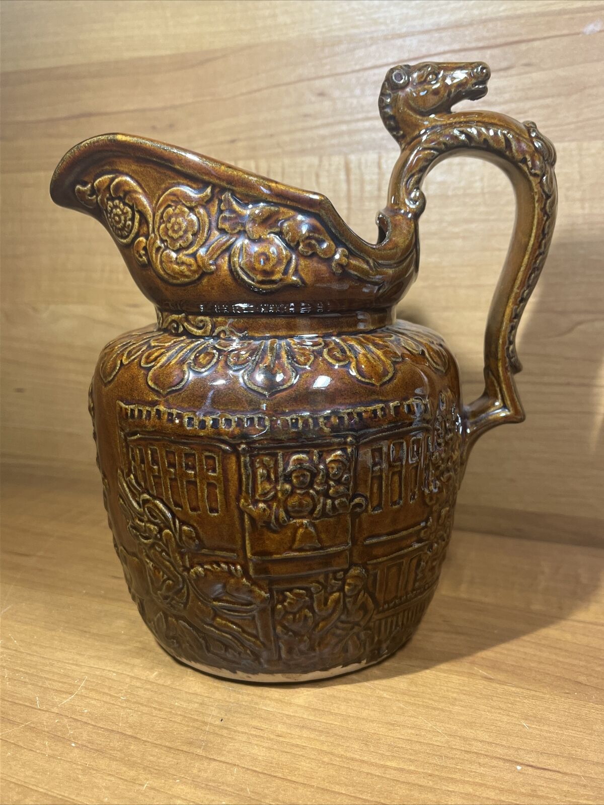 Beautiful Rockingham Brown-Glazed Pitcher Equestrian Race with Horse Head Handle
