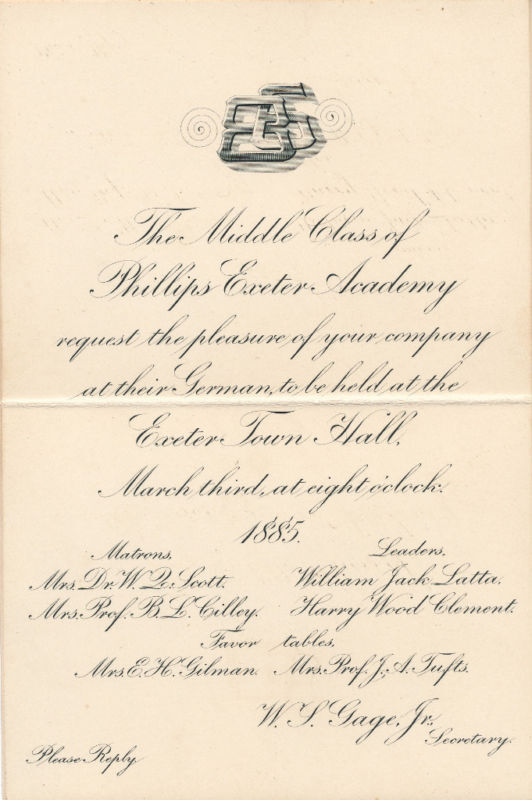 0861 Phillips Exeter Academy 1885 invitation E W Gilman B L Cilley J Tufts