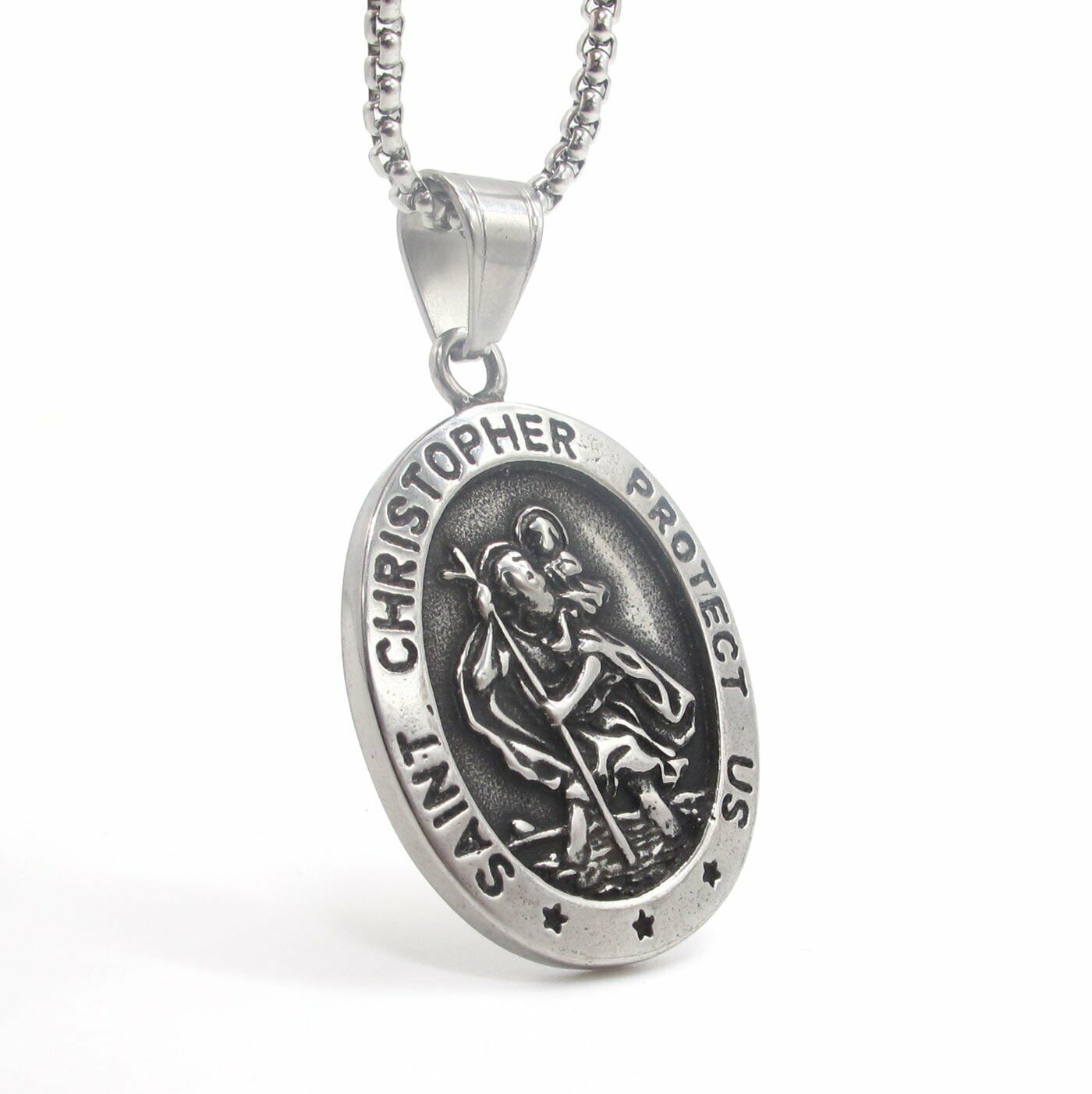 Mens St Saint Christopher Medal Pendant Necklace Stainless Steel Amulet Gift