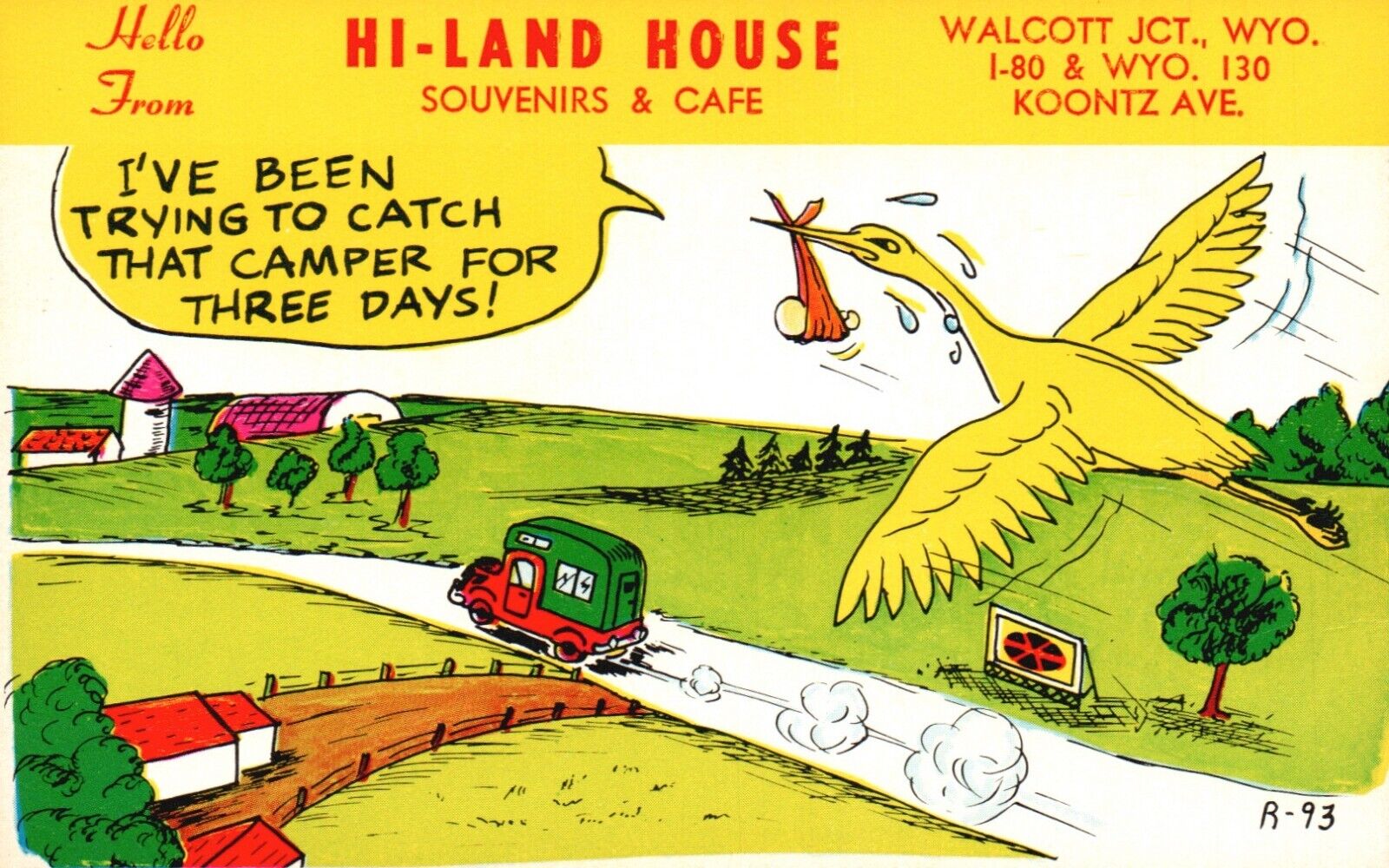 Postcard WY Wolcott Jct Hi Land House Souvenirs Stork Camper Vintage PC J3626