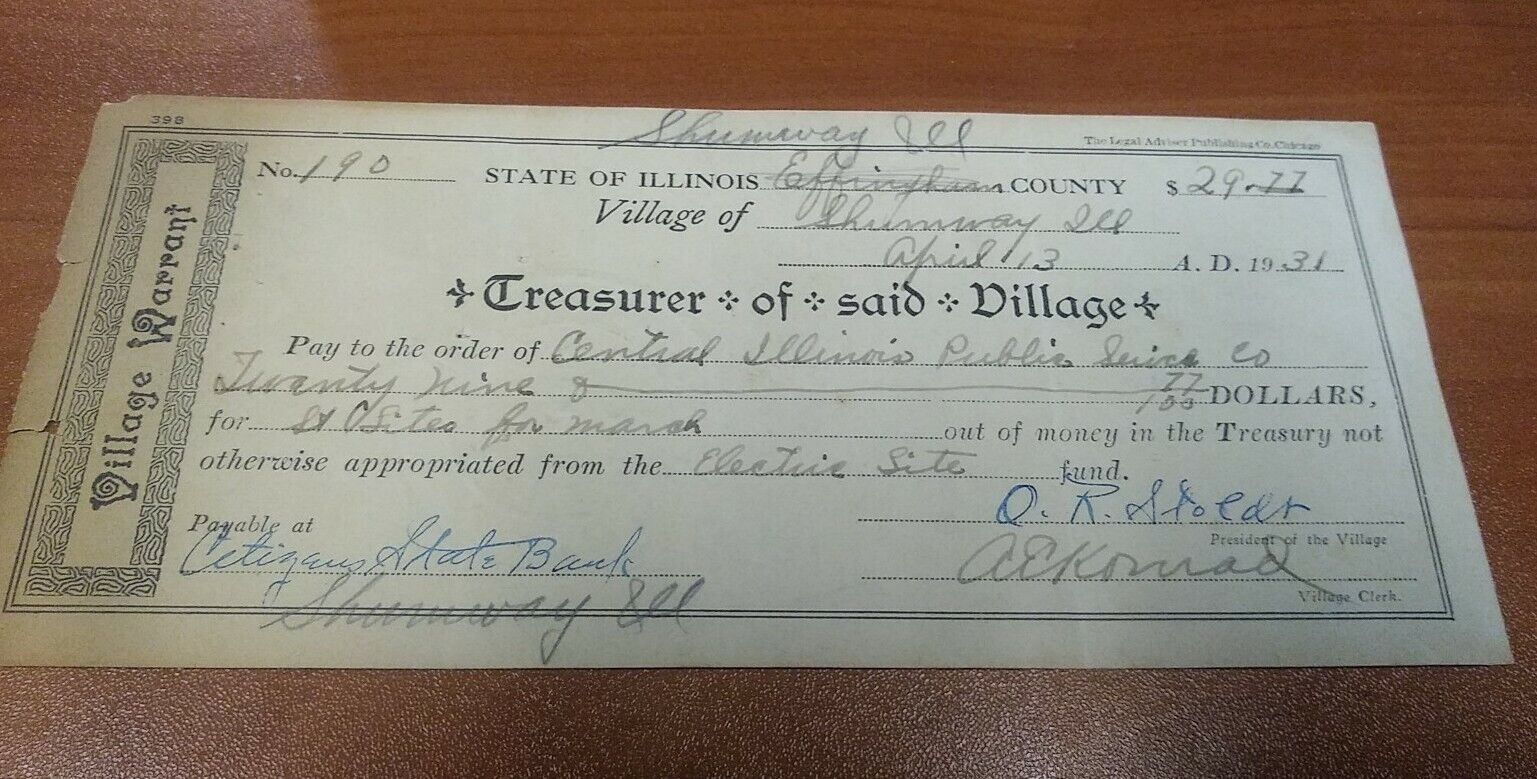 1931 Village Shumway, Illinois Signed Electric Site Reciept Altamont Effingham