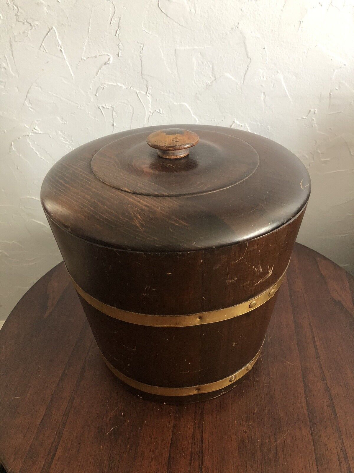 Vintage Wood Brass Barrel Ice Bucket Plastic Liner Cornwall Wood Products